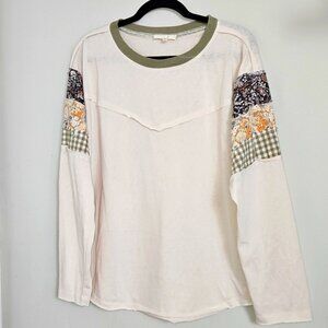 Easel Women's Cream and Multicolor Patchwork Sleeve Top Size L